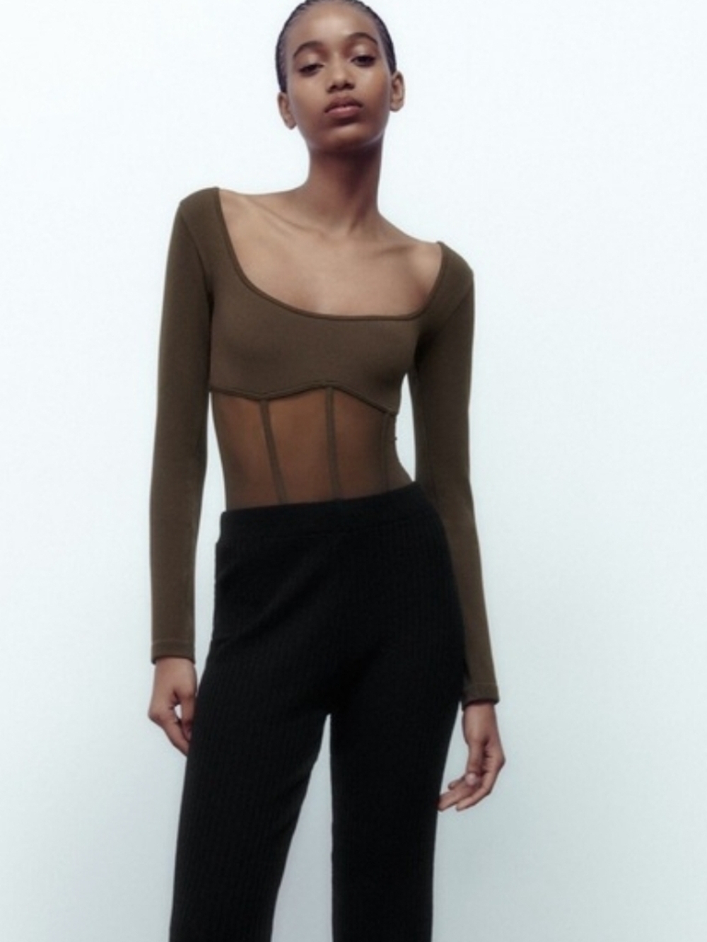 Zara Women’s Brown Seamless Tulle Corsetry Inspired Bodysuit XS/S